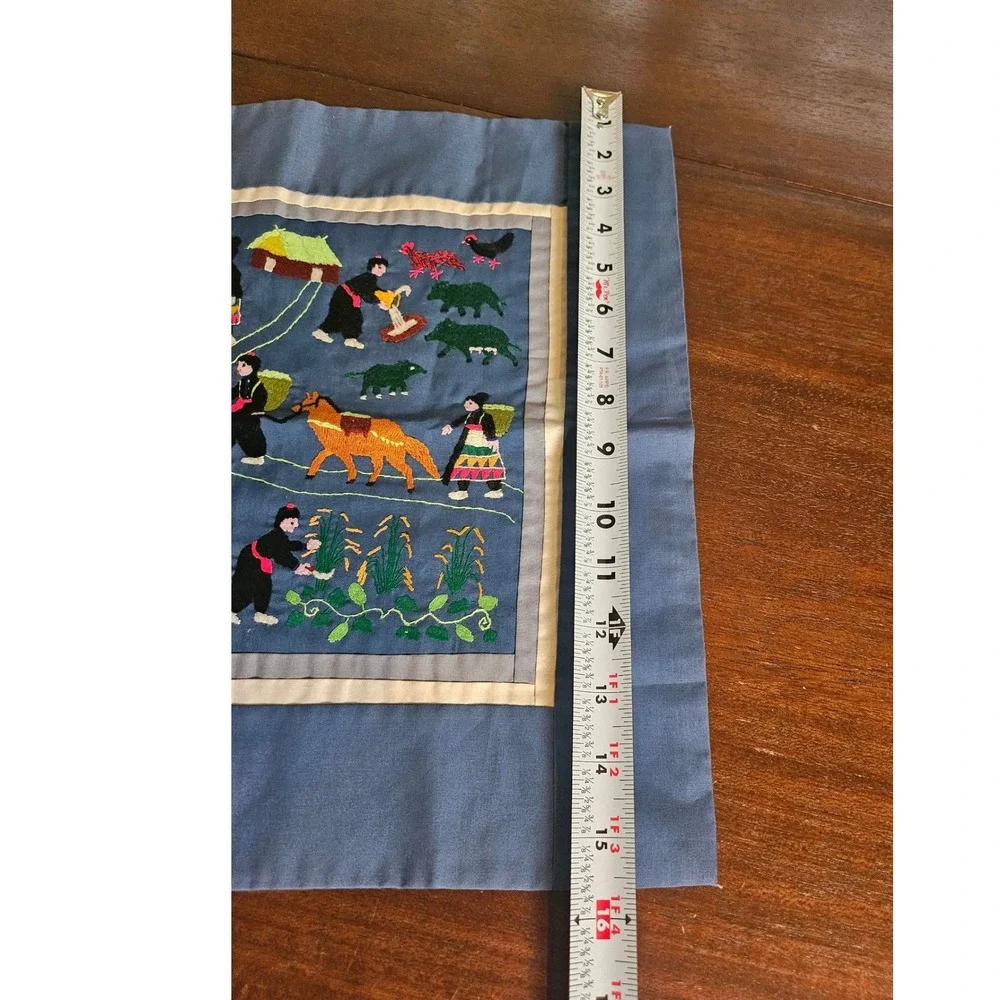 Hmong Story Cloth Wall Art 18x16 Blue Hand Embroidered Village Scene